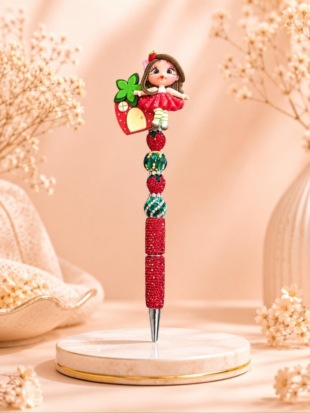 Handmade Strawberry Girl Beaded Pen | Sparkly Rhinestone Pen | Cute Desk Accent